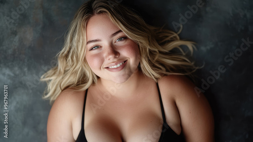 Beautiful overweight woman smiling, attractive female beauty, body positivity, care and acceptance