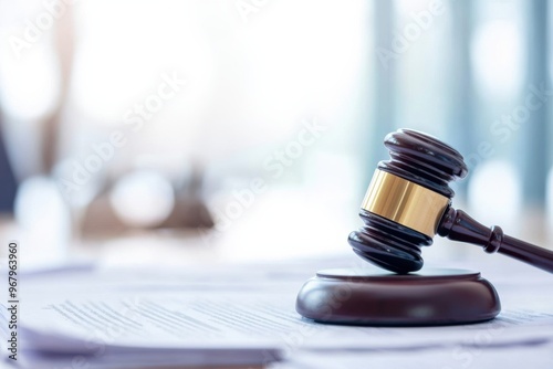 Wallpaper Mural A close-up of a gavel resting on legal papers, symbolizing justice, law, and decision-making in a courtroom setting. Torontodigital.ca