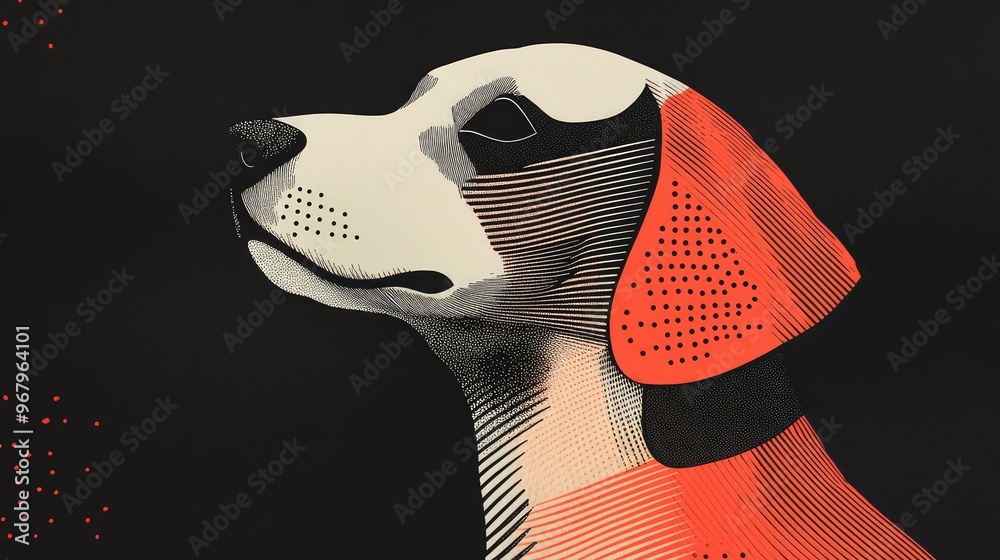 Obraz premium Abstract dog depicted in risograph style, minimalist design elements on a black background, inspired by the calm and simplicity of traditional ink wash art