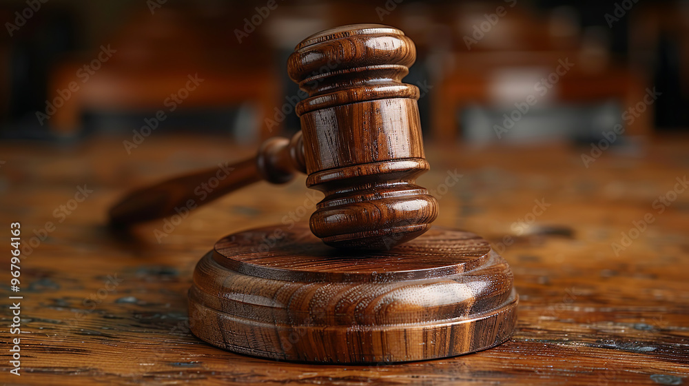 Wooden gavel is resting on a sound block on a desk in a courtroom