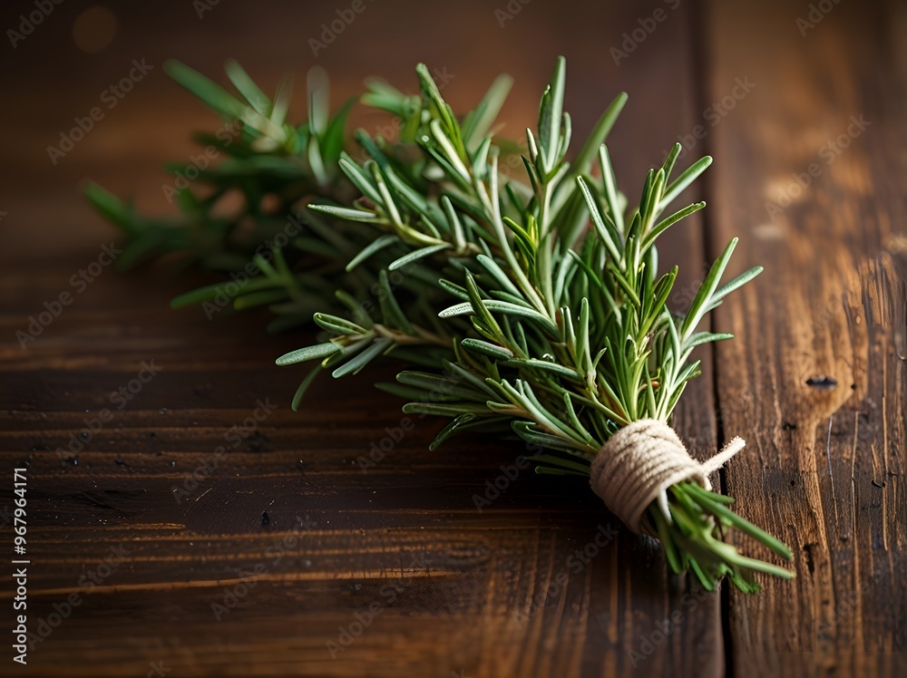 Fresh Rosemary Sprigs Tied with Twine on Rustic Wooden Background