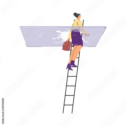 A vector illustration depicting a woman standing on a staircase and destroying a glass barrier