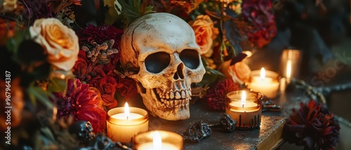 How do candles in a Halloween floral arrangement represent the passage between life and death photo