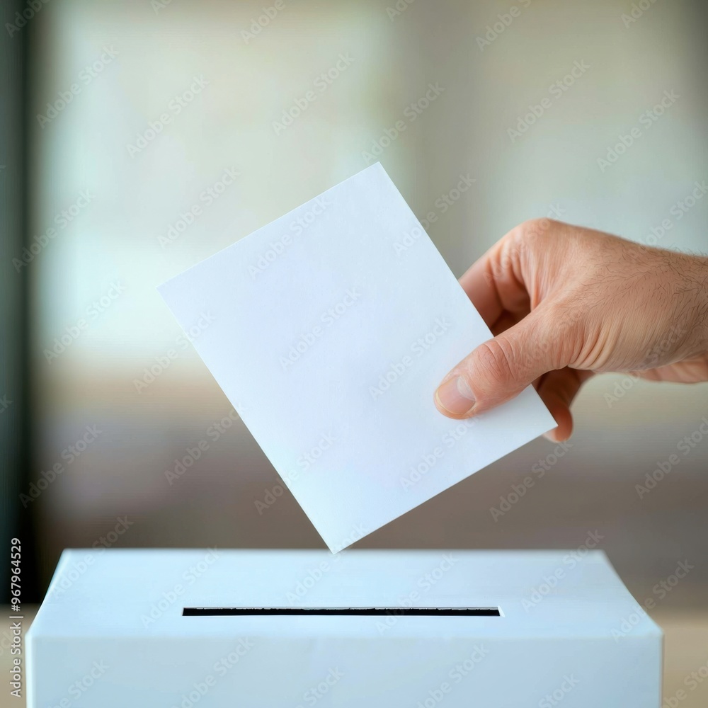 A hand placing a blank ballot into a voting box, symbolizing participation in an election and civic engagement. A hand placing a blank ballot into a voting box, symbolizing participation in an election and civic engagement.