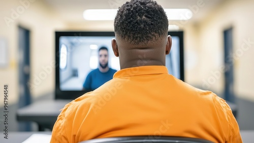 Inmate attending a virtual court hearing from a prison conference room, Digital justice, technology in prison
