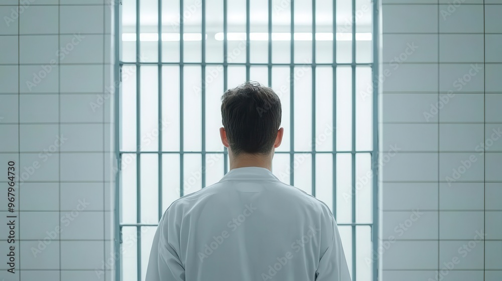 Inmate gazing at the world outside through narrow prison bars, Prison window view, longing for freedom Inmate gazing at the world outside through narrow prison bars, Prison window view, longing for freedom