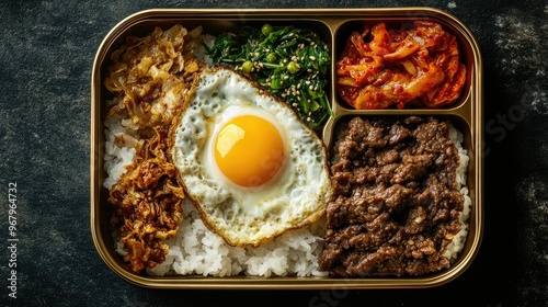 Elegant presentation of a Korean Dosirak with neatly packed rice, bulgogi, kimchi, sunny-side egg, and roasted laver in a shiny gold lunchbox, on a dark background photo