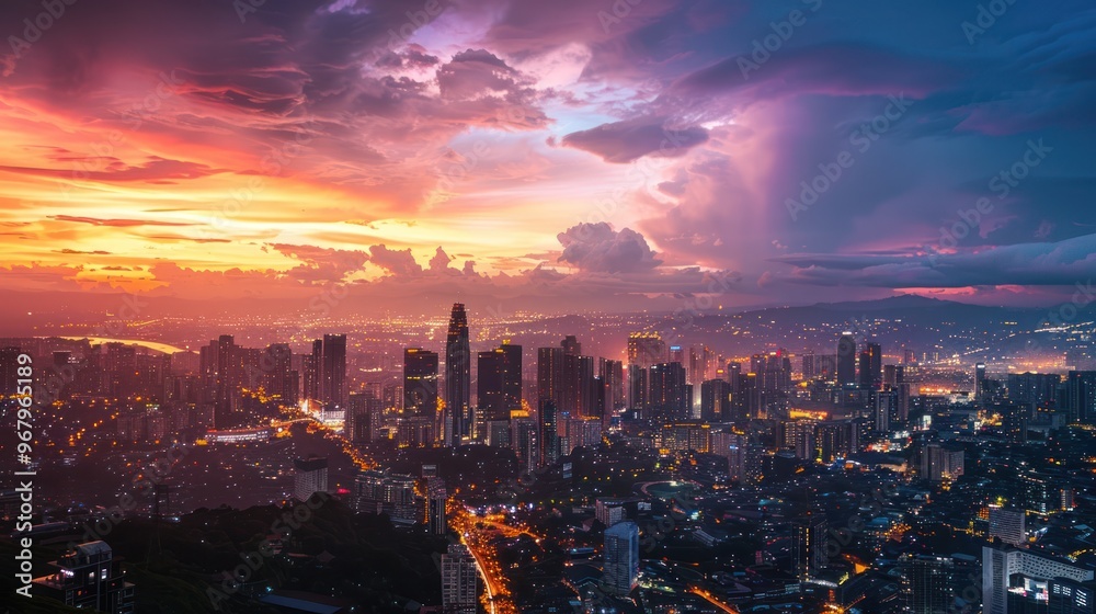 Fototapeta premium Cityscape at Sunset with Dramatic Clouds