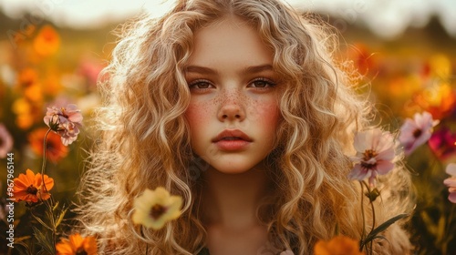 Portrait of girl waist up, with blond curly hair, background field of vivid colors flowers