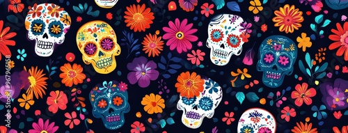 Dia de los muertos festival wallpaper pattern with sugar skull (calavera) and colorful flowers on dark, black background. Cultural, traditional, floral wallpaper concept.