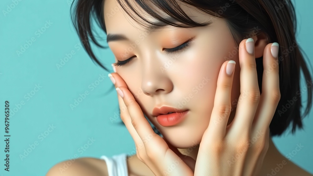 Obraz premium 20代日本人女性 手を顔に添える ブルーバック素材