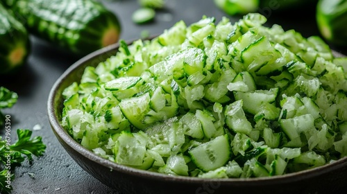 A closeup of grated cucumbers in a dark bowl, fresh ingredients for a salad.