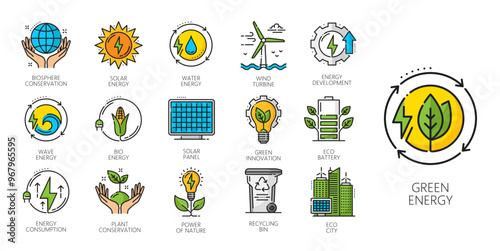 Green energy, eco power, natural electricity line icons and symbols, vector set. Natural energy production and alternative power generation sources of solar panel and wind turbine for renewable energy