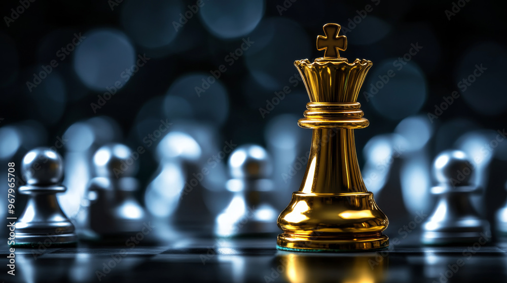 A golden chess king stands victorious, surrounded by silver pieces. This symbolizes the idea of successful leadership and strategic planning in business. A golden chess king stands victorious, surrounded by silver pieces. This symbolizes the idea of successful leadership and strategic planning in business.