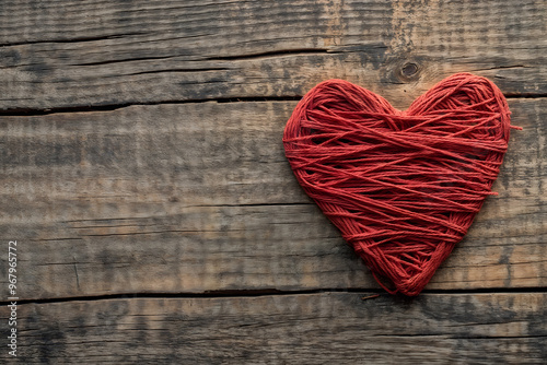 Red yarn heart on rustic wooden background
