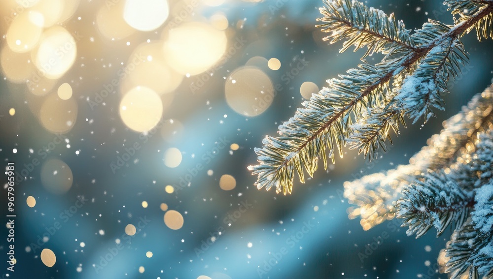 Abstract Winter Background with Snow, Pine Branches, Blurred Landscape, and Bokeh Effect Abstract Winter Background with Snow, Pine Branches, Blurred Landscape, and Bokeh Effect