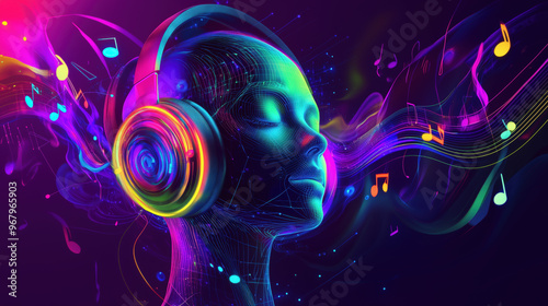 A colorful artificial intelligence robot woman with headphones on her head, colorful glowing elements on a dark background