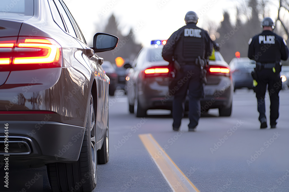Fototapeta premium Police Patrol Cars Conducting a Routine Traffic Stop | Law Enforcement and Public Safety Operations