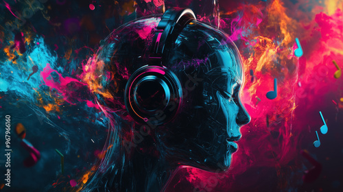 A colorful artificial intelligence robot woman with headphones on her head, colorful glowing elements on a dark background
