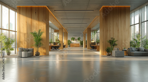 Modern office lobby with wooden walls and large windows.