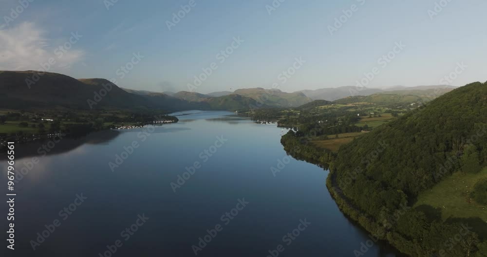 Aerial view of serene Ullswater lake surrounded by breathtaking hills and tranquil countryside, Lake District, United Kingdom. Aerial view of serene Ullswater lake surrounded by breathtaking hills and tranquil countryside, Lake District, United Kingdom.