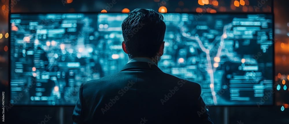 Fototapeta premium Surveillance of a Futuristic Intelligence Network by Shadowy Cold War Era Figures in a Dystopian Cyberpunk Inspired City Landscape