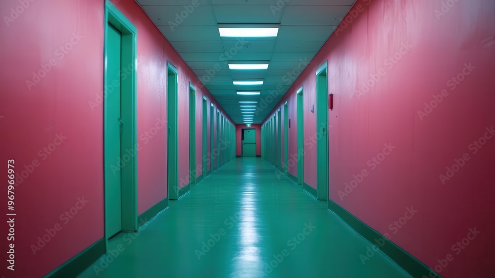 Fototapeta premium Long prison corridor with flickering fluorescent lights, Jail atmosphere, claustrophobic confinement