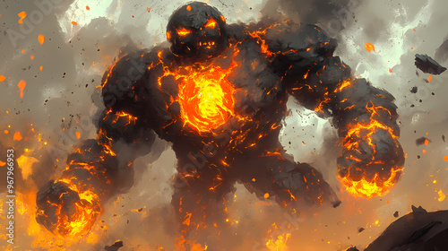 Lava golem with molten core and fiery cracks, molten golem, elemental heat. Golem. Illustration