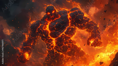 Lava golem with molten core and fiery cracks, molten golem, elemental heat. Golem. Illustration