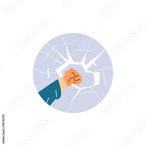 A vector illustration of a hand smashing glass with a fist depicts aggression and vandalism