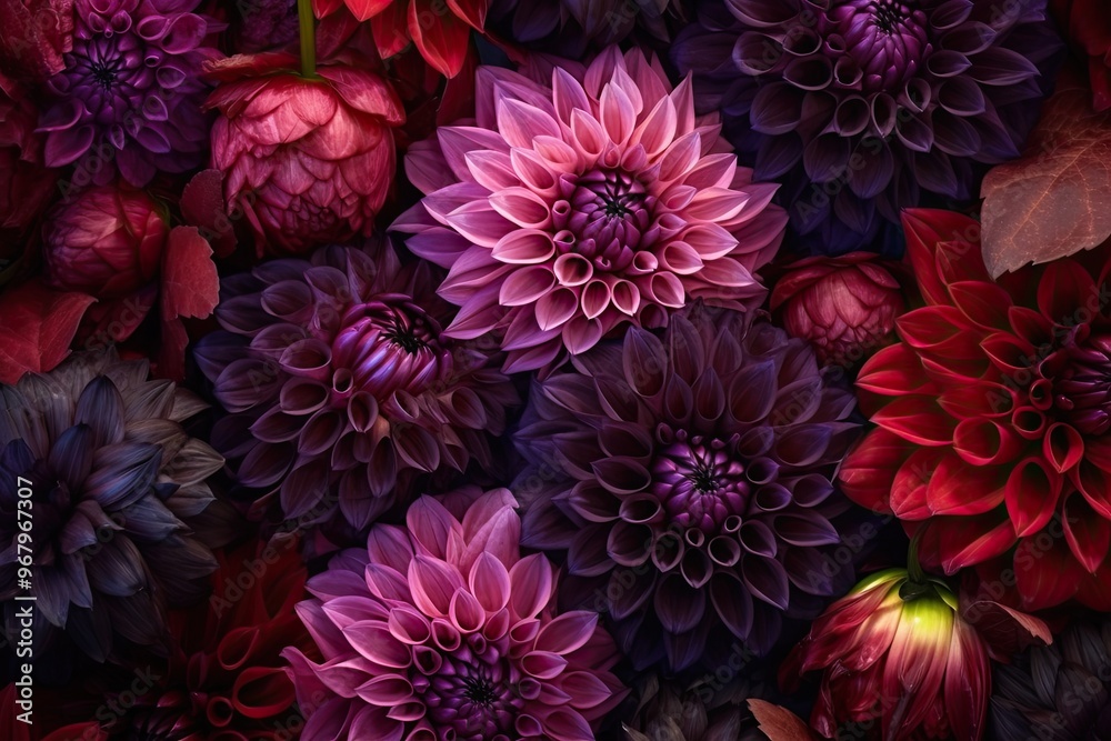 A stunning arrangement of purple and red dahlias fills the garden, showcasing their intricate petals and rich colors against a lush green backdrop during late summer A stunning arrangement of purple and red dahlias fills the garden, showcasing their intricate petals and rich colors against a lush green backdrop during late summer