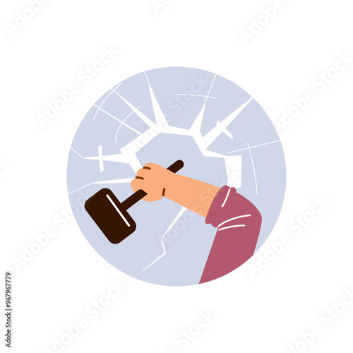 A woman's hand breaks a glass ceiling with a large hammer.