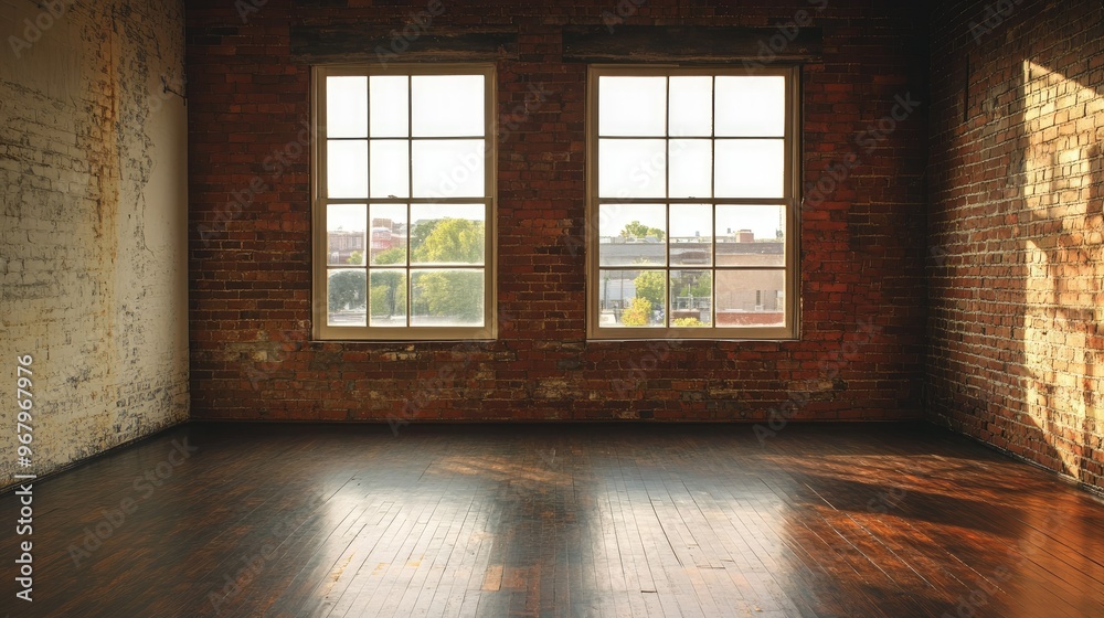 Empty studio space with dark parquet flooring and exposed brick walls, illuminated by soft natural light through a single large window, giving an artsy feel Empty studio space with dark parquet flooring and exposed brick walls, illuminated by soft natural light through a single large window, giving an artsy feel