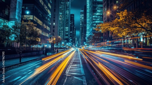 A vibrant city street at night with light trails from moving vehicles.