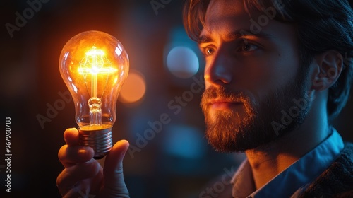 the man gazes confidently at the glowing light bulb in his hand, a symbol of his creative mindset and powerful ideas