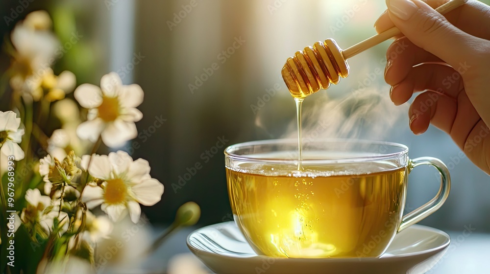 Female hand holding honey dipper above a steaming cup of green tea, with indoor flowers in soft focus, capturing the soothing and healthful combination of honey and tea,