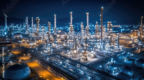 Wallpaper Mural Expansive view of an oil refinery at night, bright lights illuminating crude oil tanks, pipelines, and distillation columns, showcasing industrial activity Torontodigital.ca