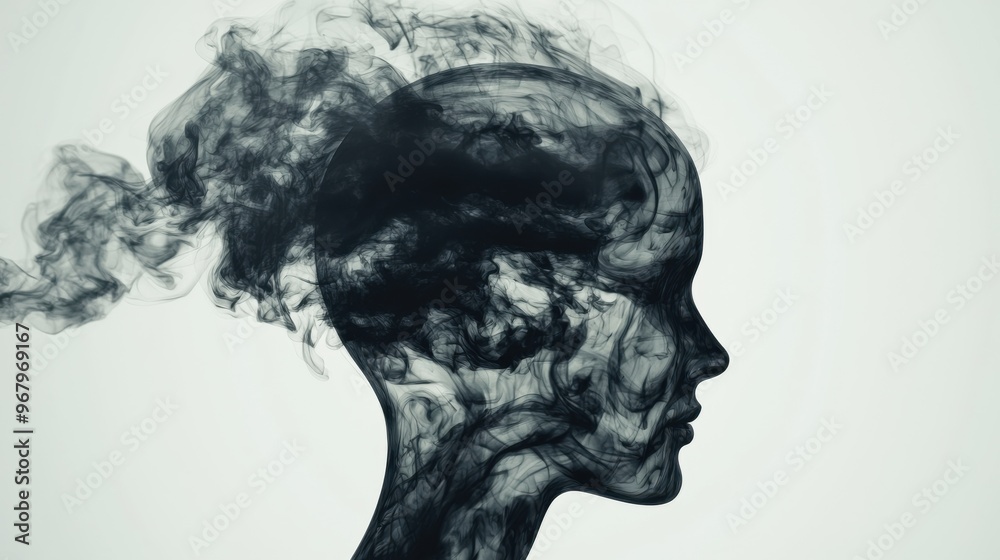 A silhouette of a human figure dissolving into smoke, showing physical and emotional burnout