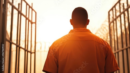 Prisoner being released, walking out through the gates into the sunlight, Life after prison, freedom photo