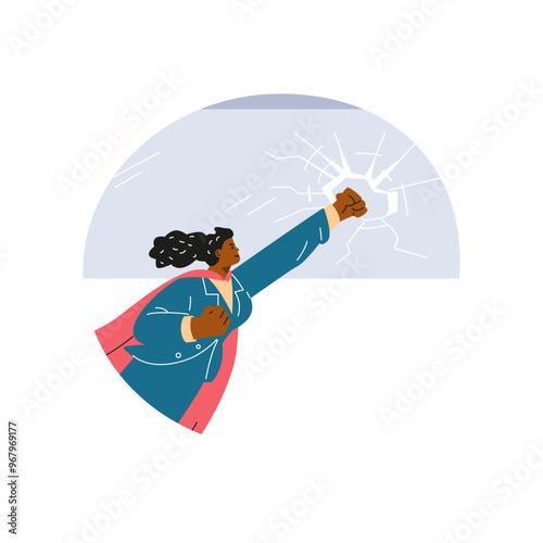 Vector icon depicting a woman in a superheroine cloak who has passed a glass barrier