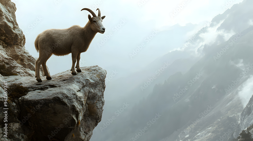 Close-Up of a Mountain Goat Standing on a Narrow Ledge of a Rocky Cliff with Misty Mountains in the Background Close-Up of a Mountain Goat Standing on a Narrow Ledge of a Rocky Cliff with Misty Mountains in the Background