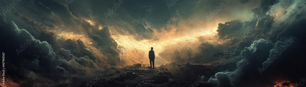 Fototapeta premium A lone figure stands on a rocky ridge amidst a swirling, ethereal sky