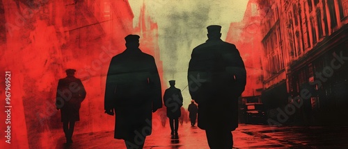 Dramatic silhouetted figures walking down a gloomy red lit urban alley in a style reminiscent of Cold War era documentary photography evoking a sense of propaganda campaigns