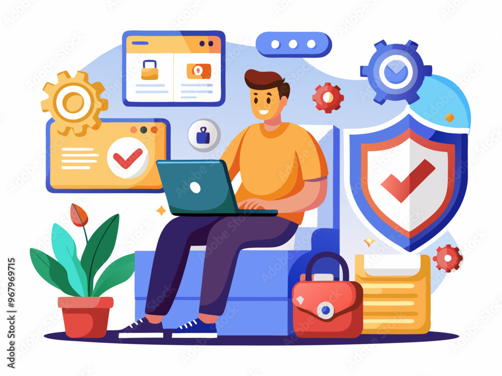 Obraz premium Cybersecurity and Data Protection Vector Art of Online Security with Shield Icons on White Background