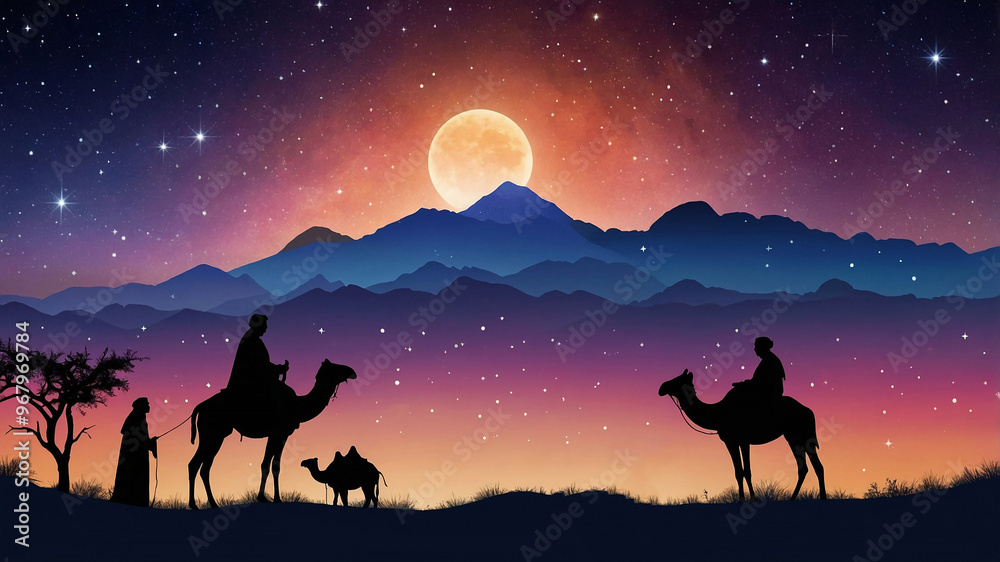 custom made wallpaper toronto digitalScenic desert night with people and camels under a radiant starry sky by a rustic shelter, Nativity scene