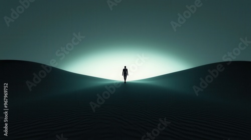 A silhouette of a person walking in an abstract, dark landscape with a glowing phone screen lighting the way, always being connected and ready to respond