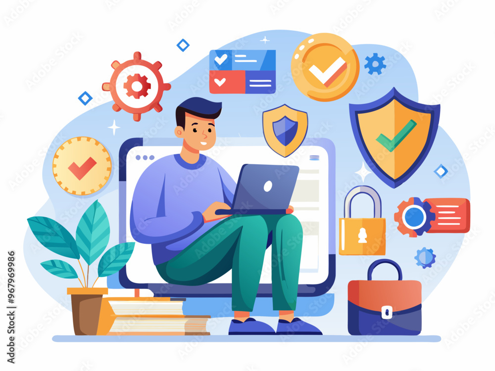 Cybersecurity and Data Protection Vector Art of Online Security with Shield Icons on White Background Cybersecurity and Data Protection Vector Art of Online Security with Shield Icons on White Background