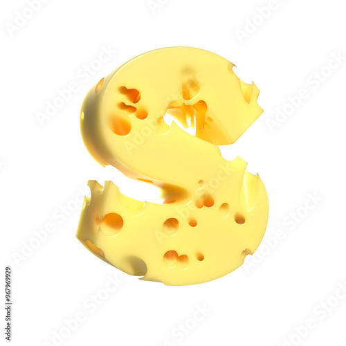 Cheese alphabet. Letter S on transparent background, 3d render. photo