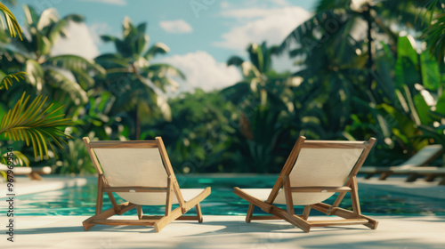 As outdoor chair in high resolution ultra realistic minimal decoration style with tropical background by the side of a huge pool․ photo