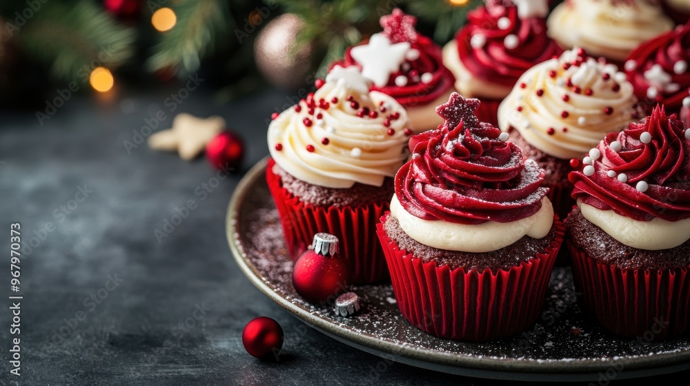 christmas cupcakes on a plate, a festive dessert concept with copy space banner, beautifully decorated perfect for the holidays christmas cupcakes on a plate, a festive dessert concept with copy space banner, beautifully decorated perfect for the holidays